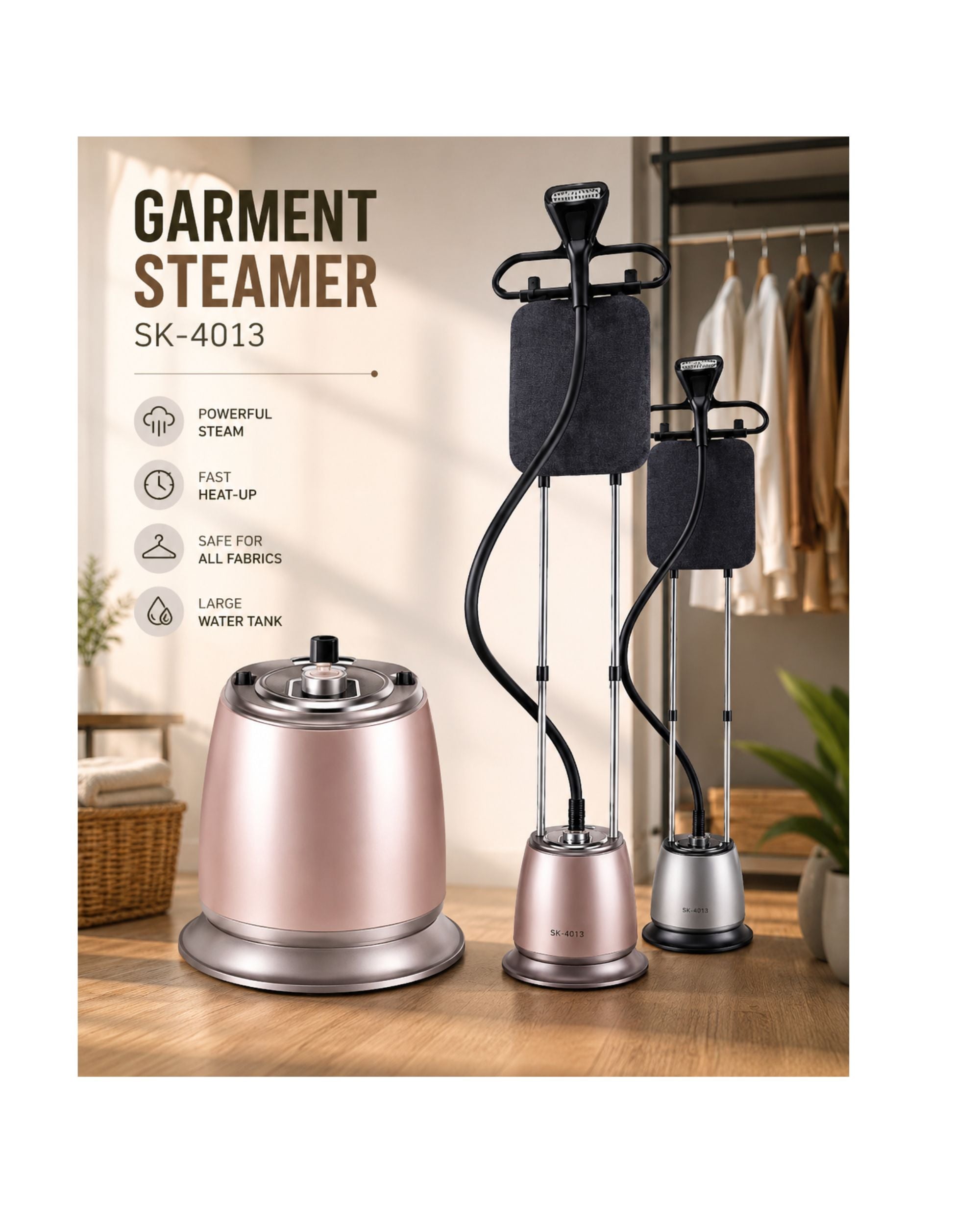 Portable garment steamer with pink base and black fabric brush attachment