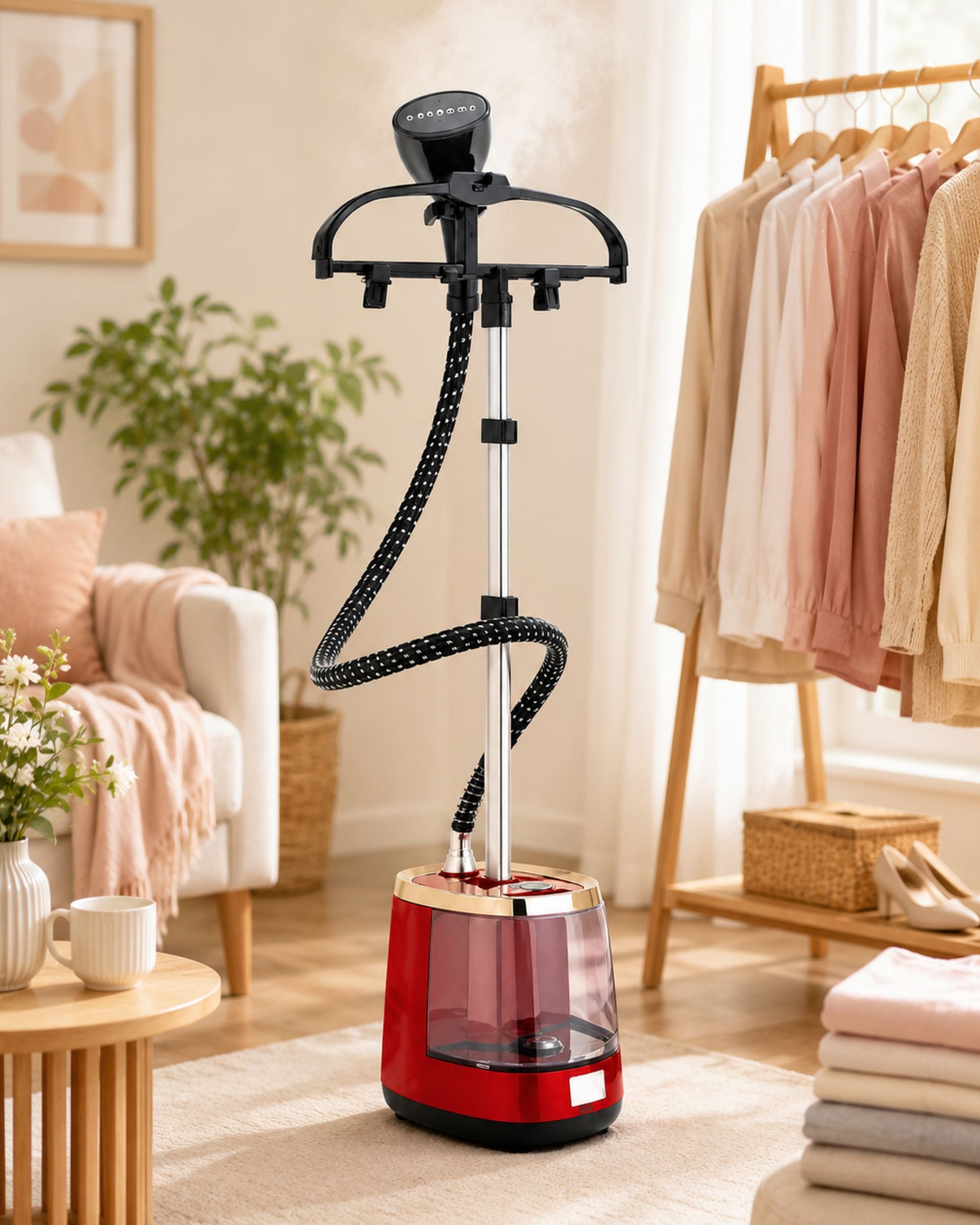 Portable garment steamer with arched steam head, black hose, and red water tank