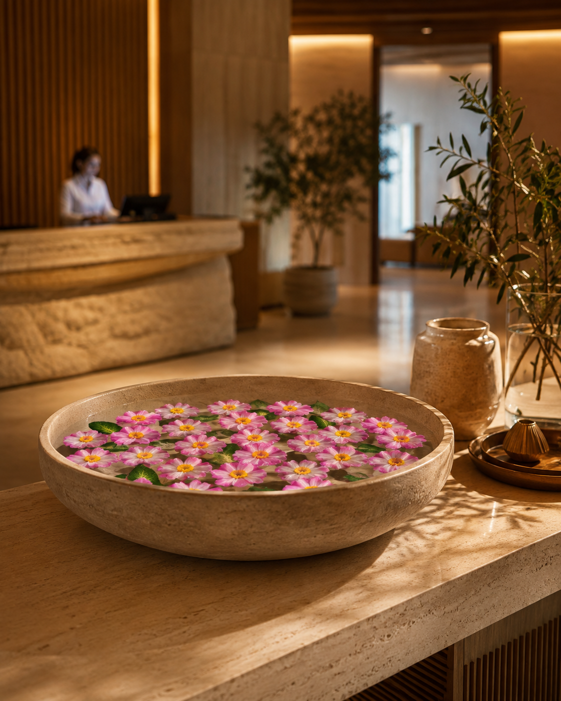 Spa water bowl with pink artificial floating flowers and yellow centers