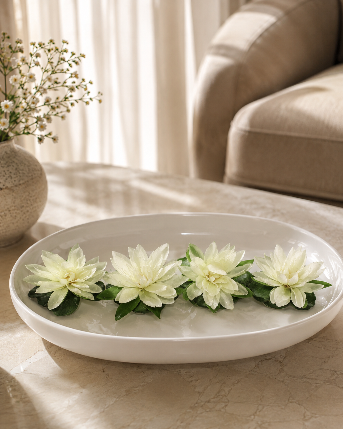 Premsons® Premium White Lotus Floating Flower – Decorative Artificial Bloom for Urli, Fountain & Centerpiece (Pack of 4)