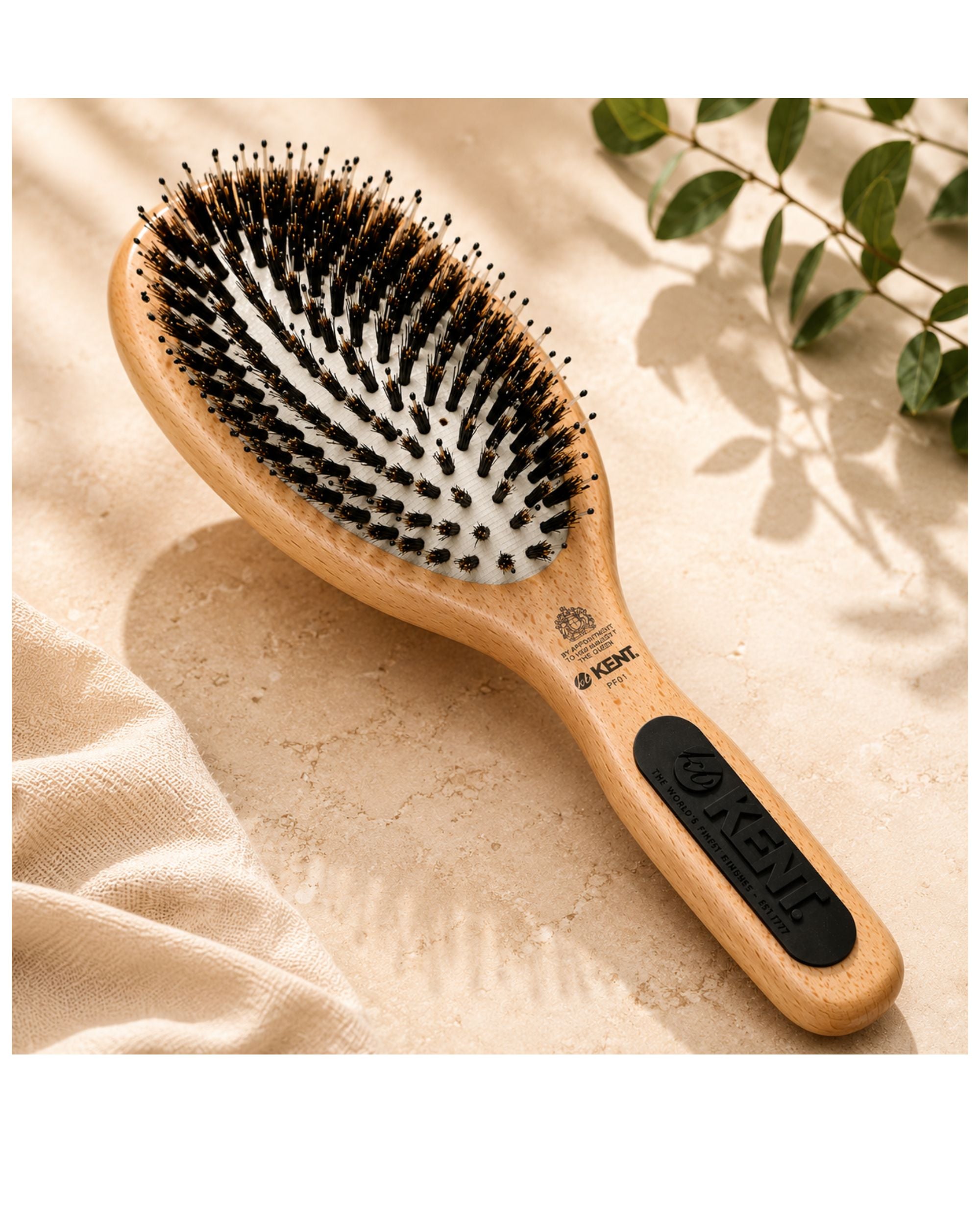 Beechwood cushion hair brush with natural bristles, black control label on handle.