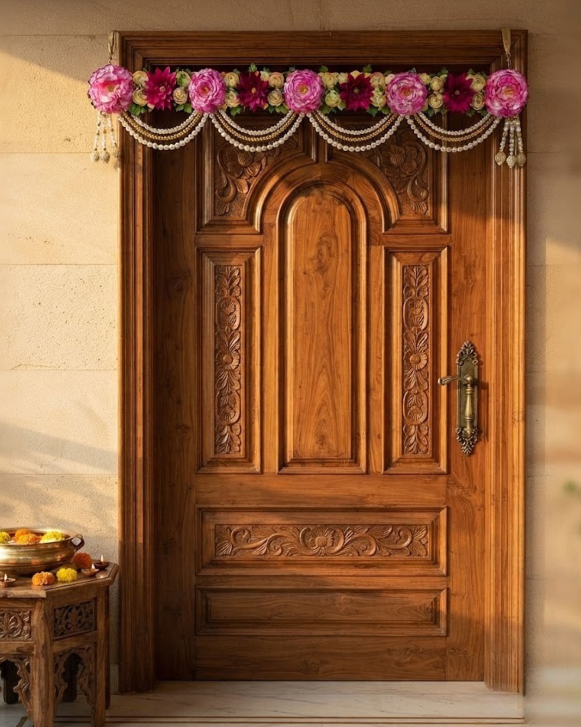 Pink and gold floral toran door hanging across wooden door with pearl bead scallops