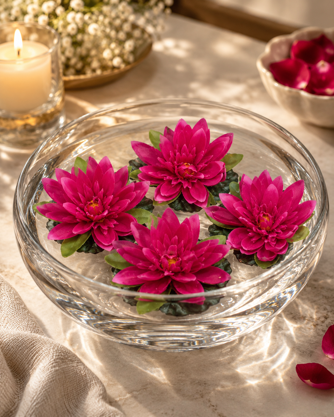 Artificial blush pink floating lotus flowers in clear glass water bowl, set of 4