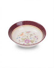 Maroon-rim floral melamine serving bowl with bouquet pattern on light interior