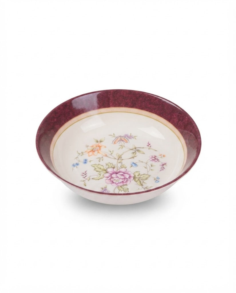 Maroon-rim floral melamine serving bowl with bouquet pattern on light interior