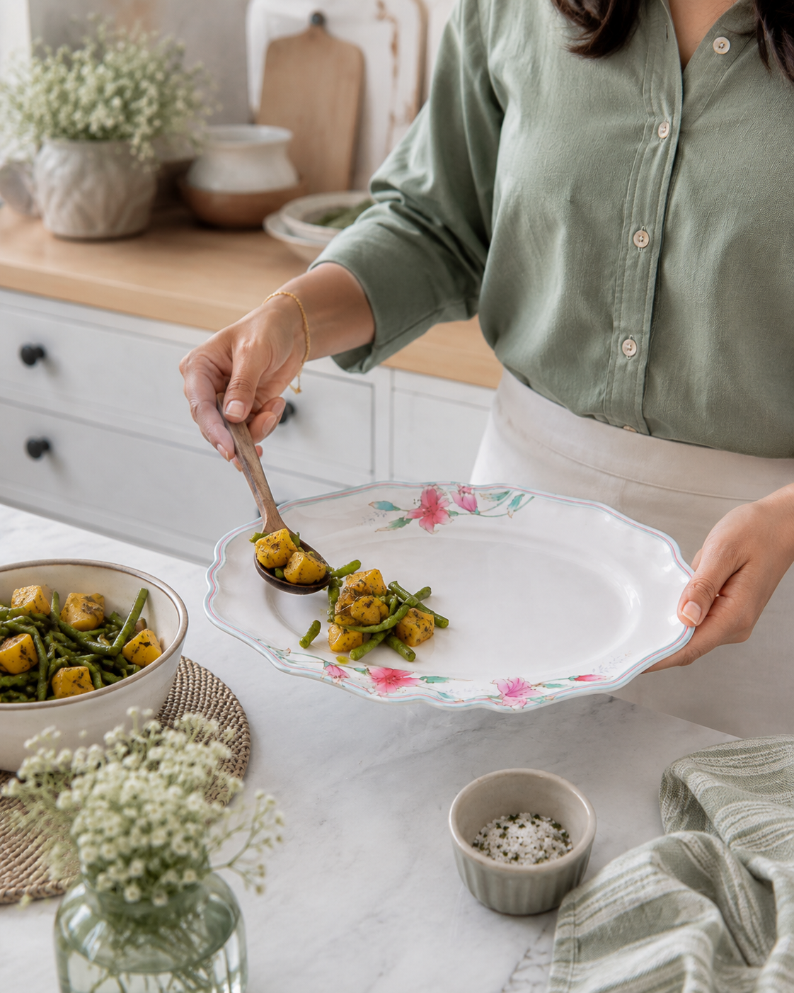 Oval white melamine serving plate with lily blossom floral rim, held while serving food.
