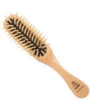 Wooden cushion hair brush with wide pins on a natural wooden handle