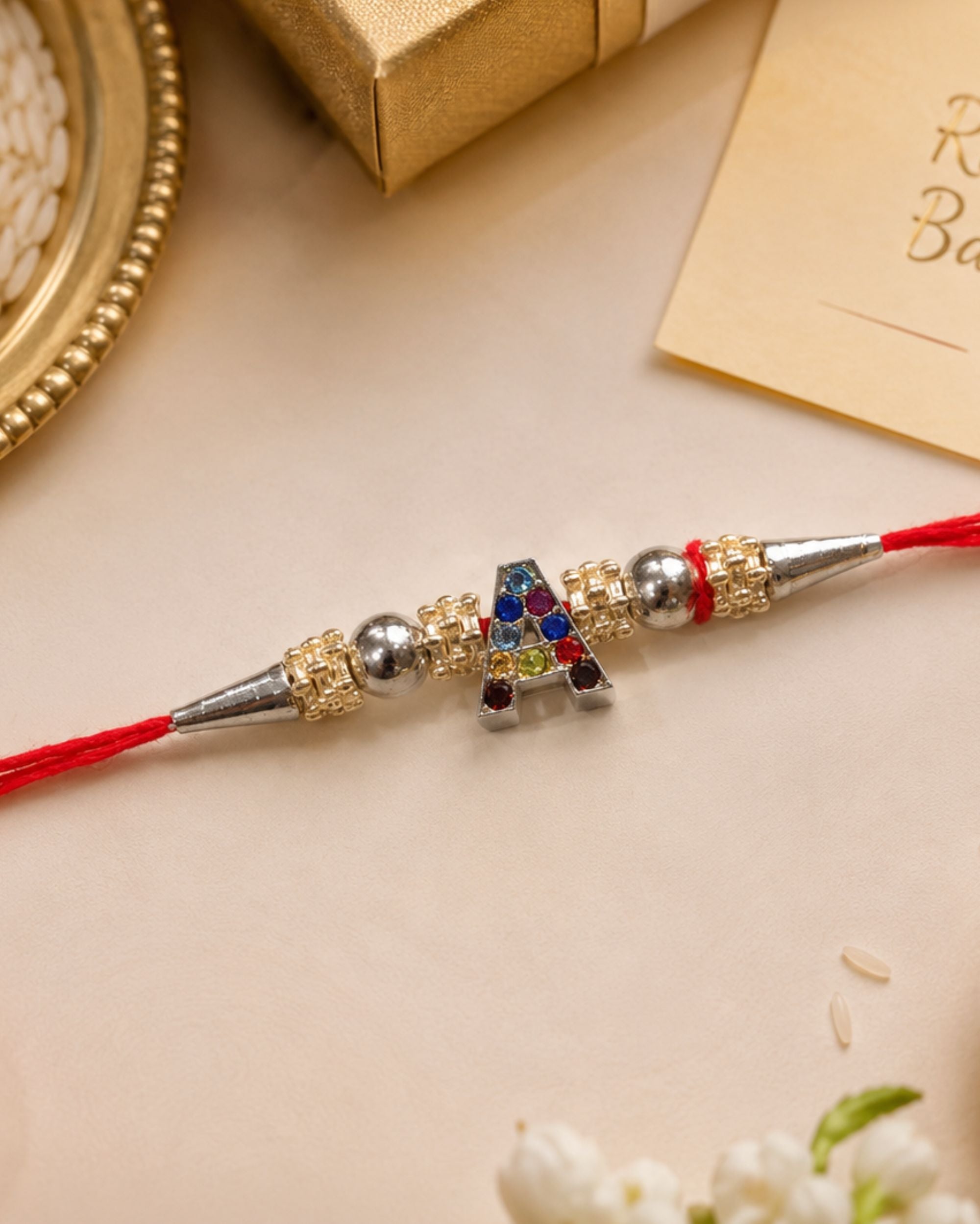 Premsons® Premium Alphabet Rakhi for Brother | Personalized Initial Letter Raksha Bandhan Rakhi with Multicolor Crystal Charm