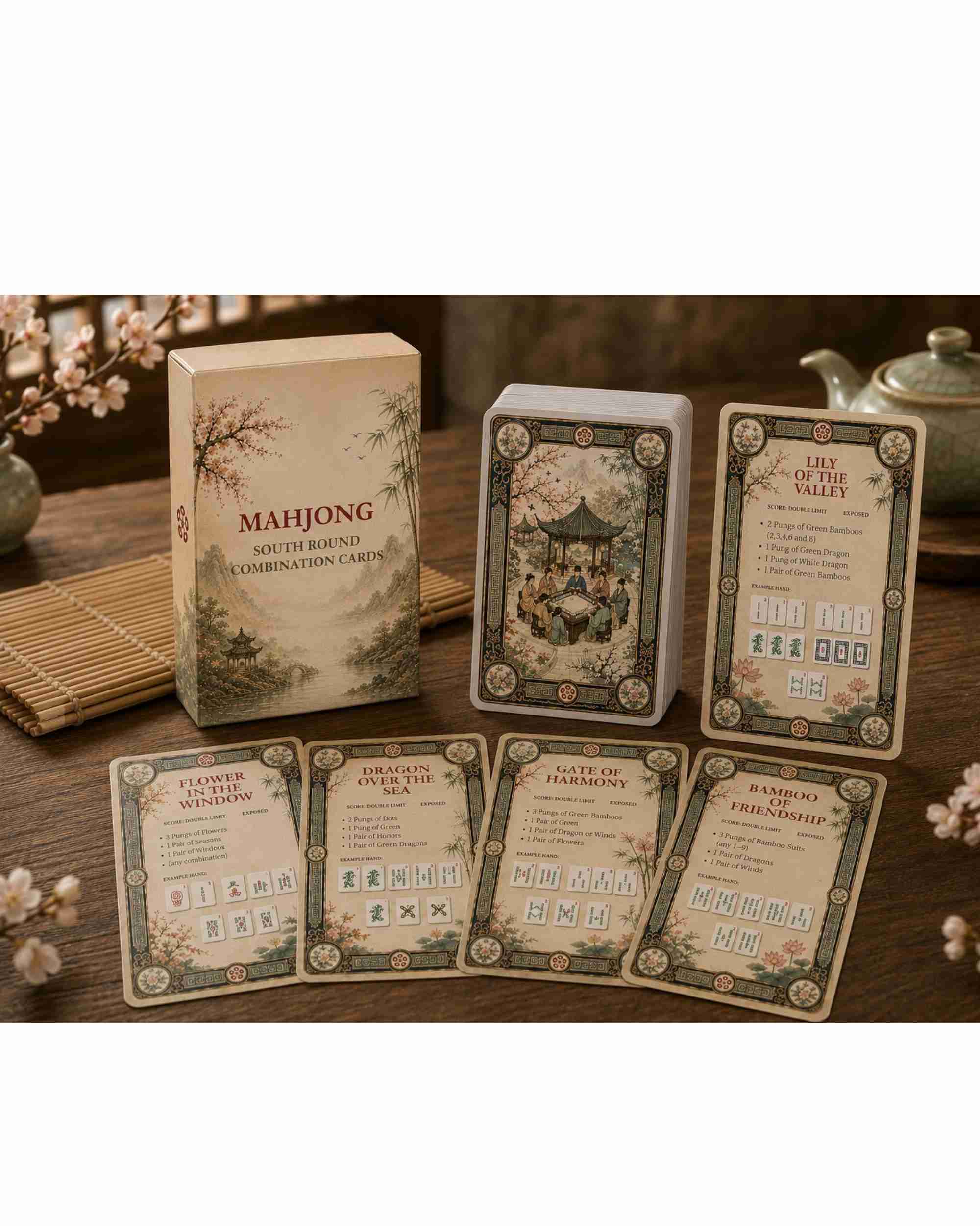 Mahjong reference card deck with box and multiple illustrated card faces