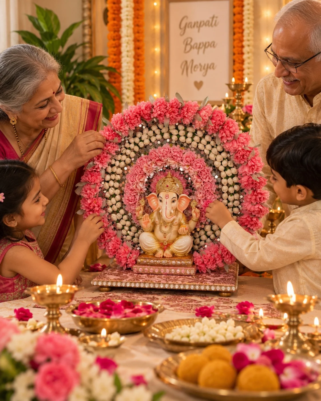 Premsons Pink Floral Chakra Singhasan – Decorative Idol Backdrop Stand for Ganpati, Pooja & Festive Décor