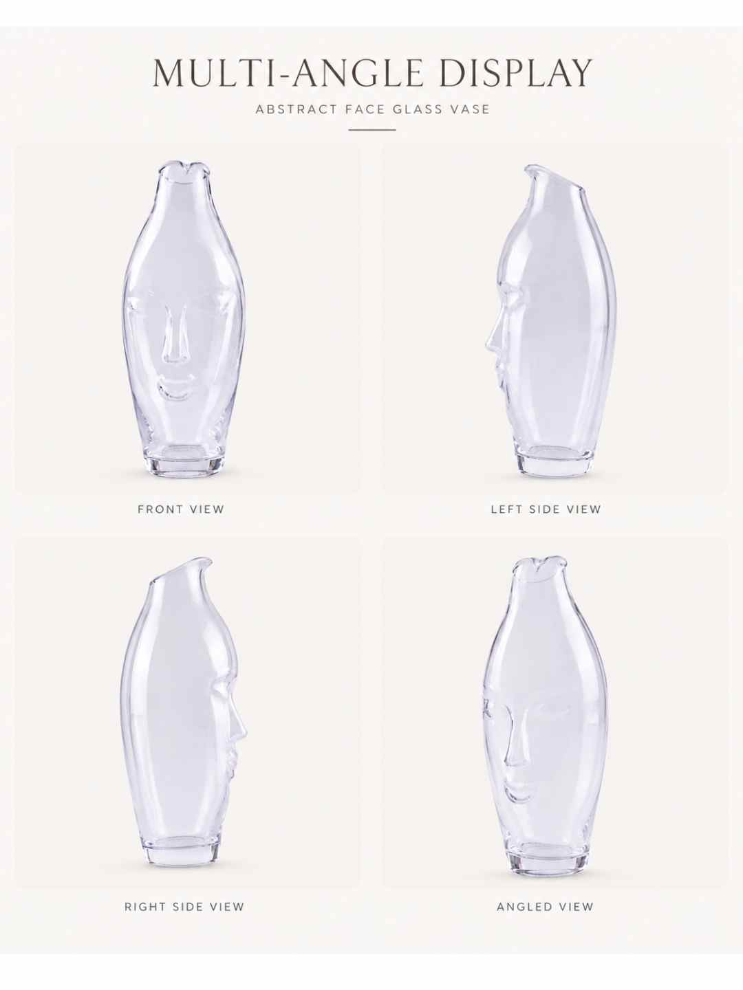 Clear abstract face glass vase shown from front, side, and angled views