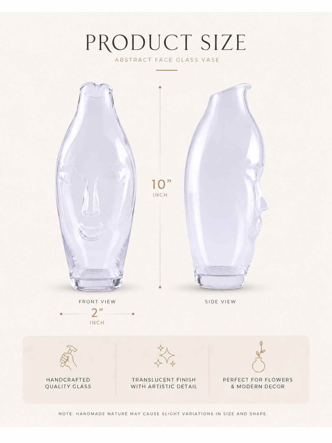 Abstract face glass vase, 10 in height, shown in front and side views