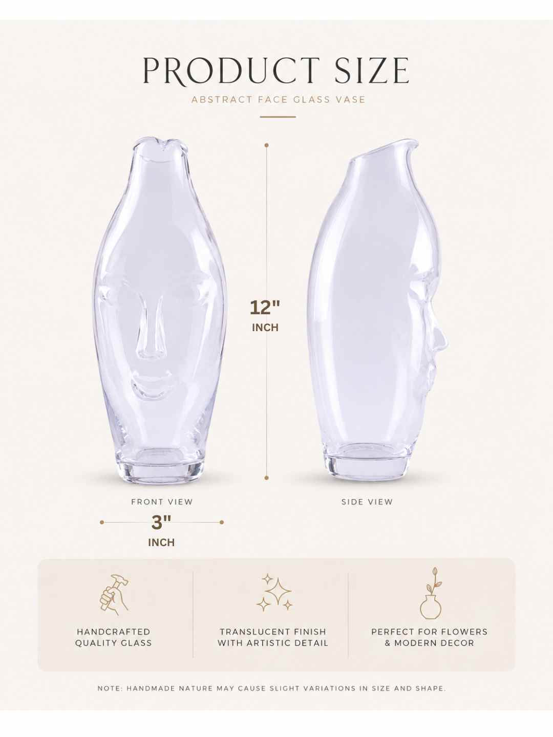 Clear glass face decorative vase, front view with pointed shoulders and flared base