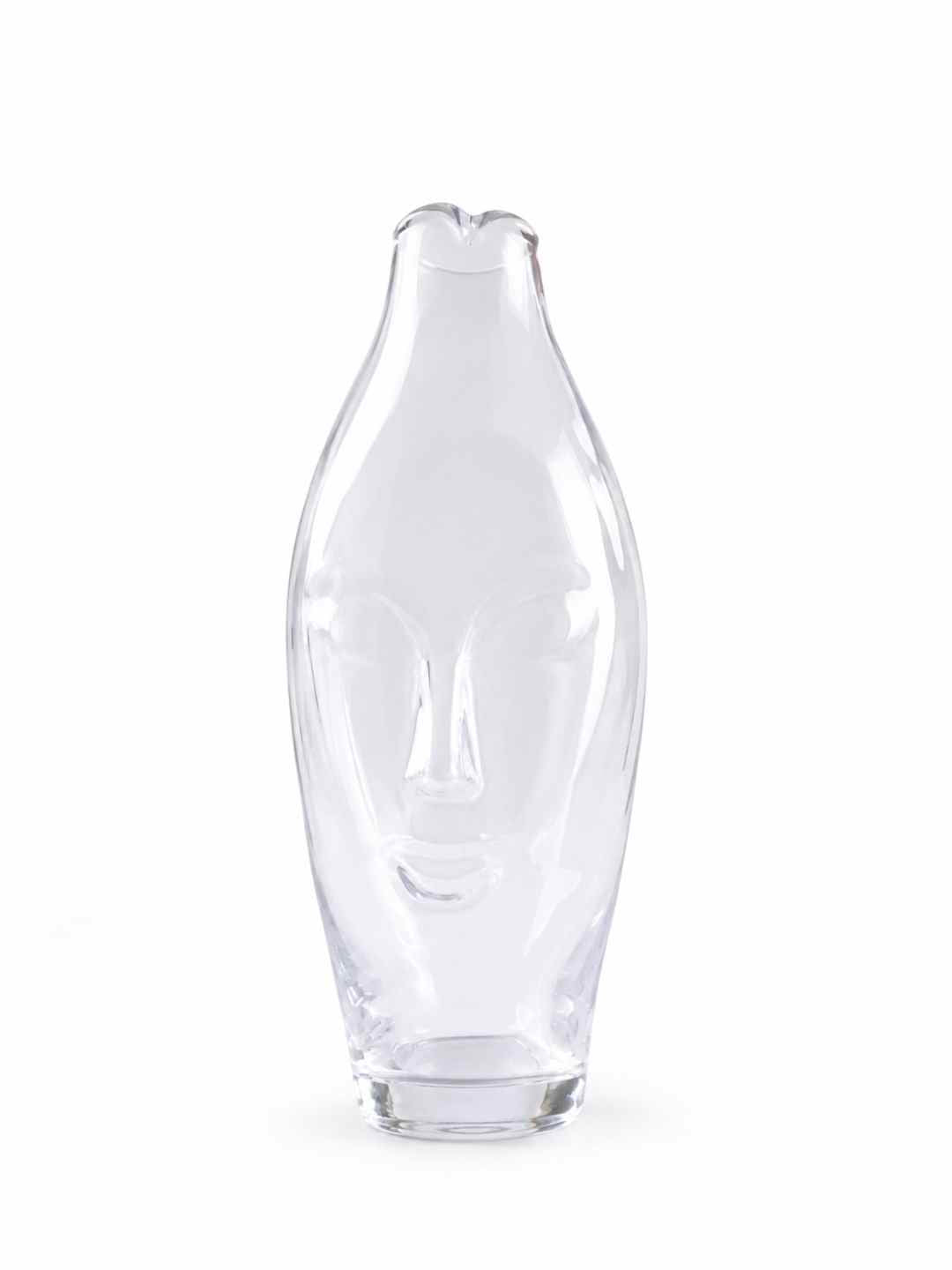 Clear glass face decorative vase, side view with rounded top and flared bottom