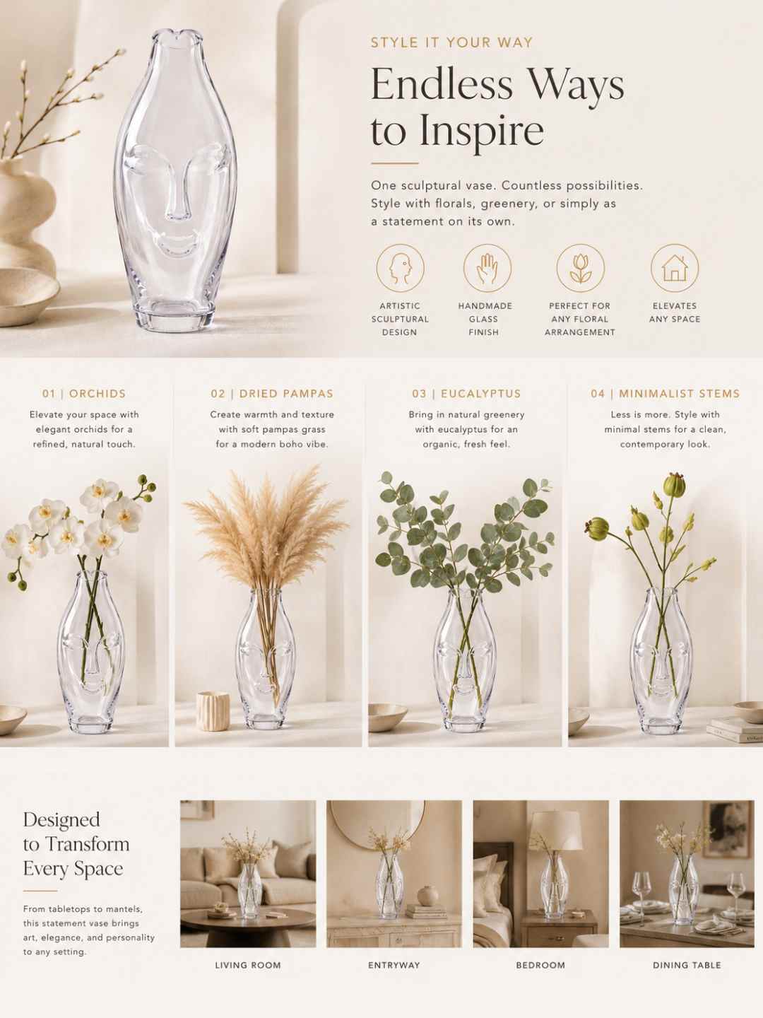 Clear abstract face glass vase shown in multiple styled display options