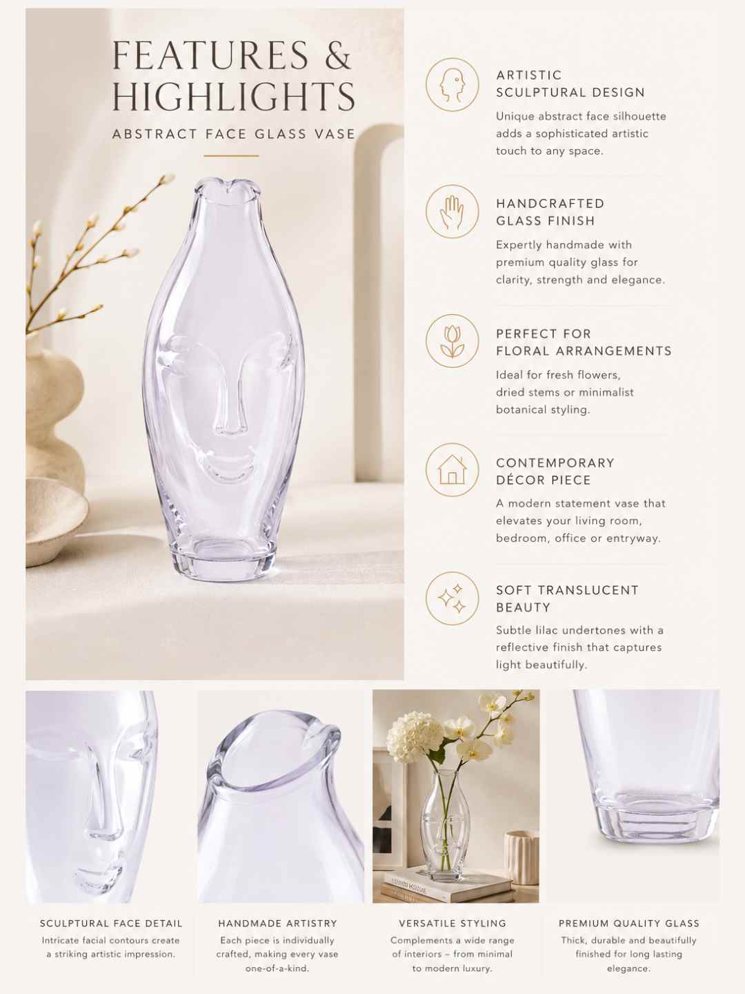 Clear abstract face glass vase with sculpted facial features for flower arrangements
