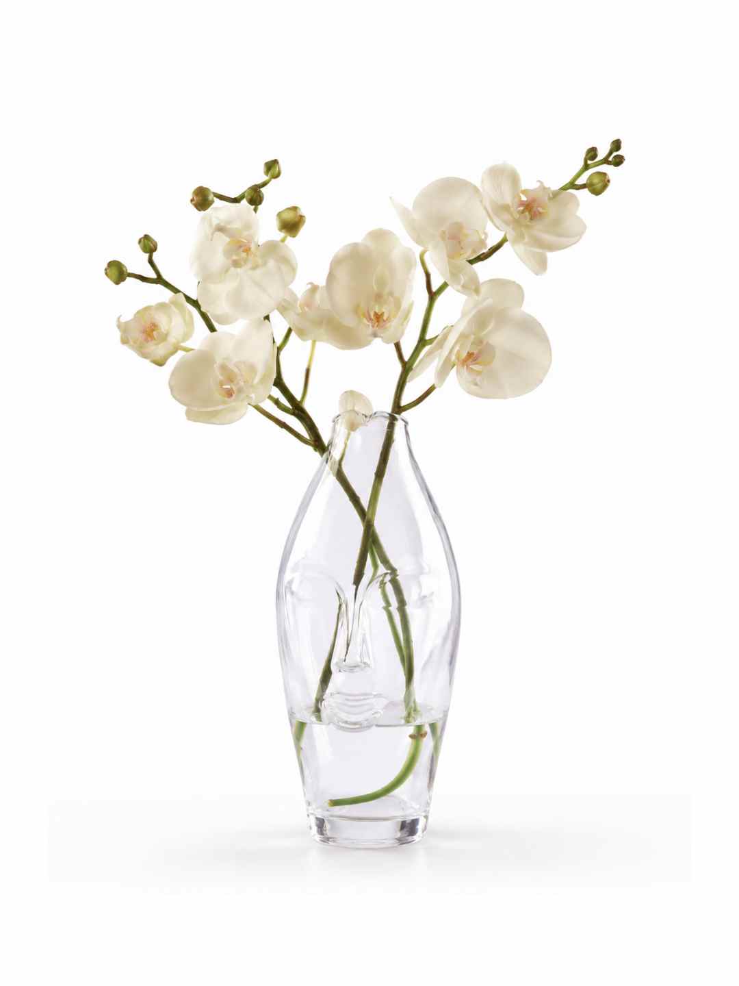 Clear abstract face glass vase with sculpted face relief, empty