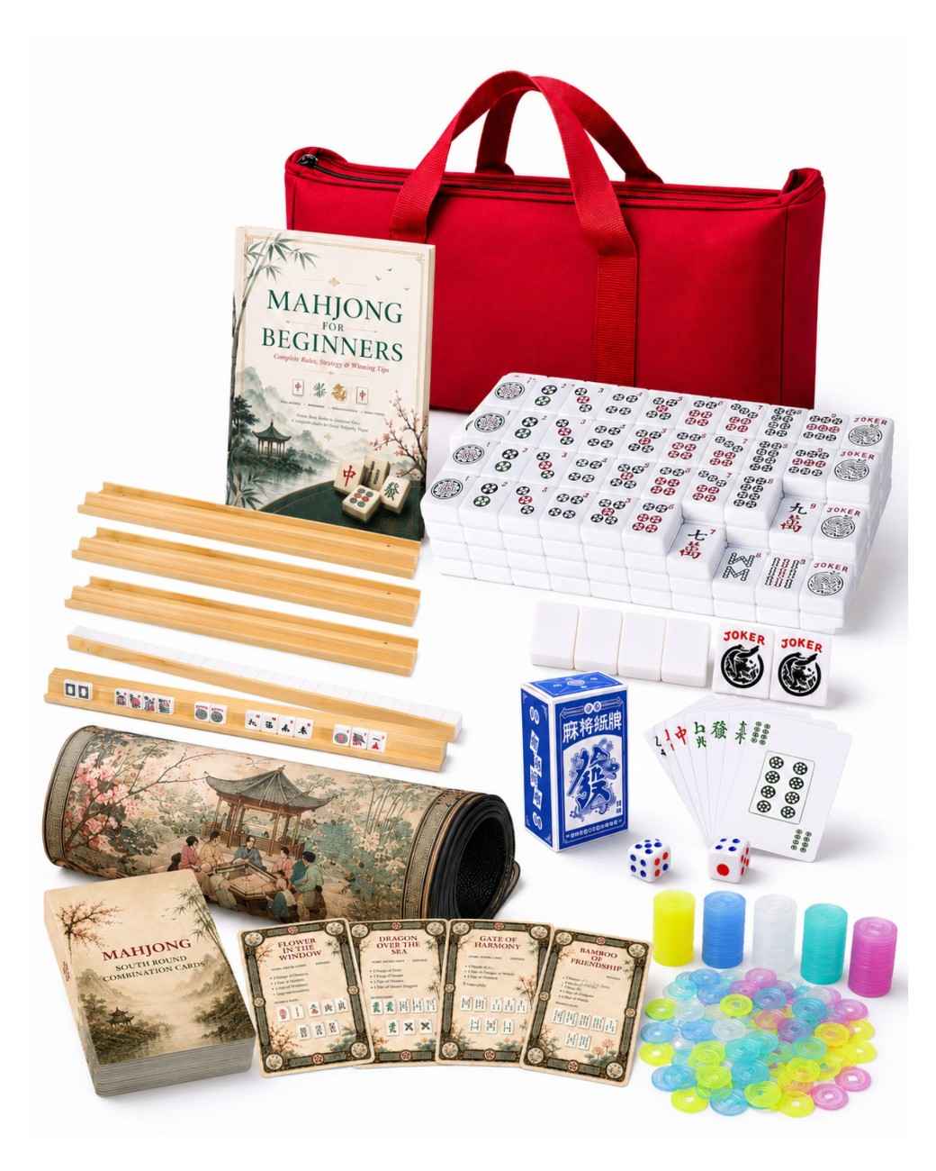 Premsons® America Mahjong Set – 166 Large Engraved Acrylic Tiles with English Numbers, 4 Wooden Racks  with Pushers, Travel Carry Bag, Mahjongg Mat, Playing Cards & Accessories - Complete Mah Jong Kit - White