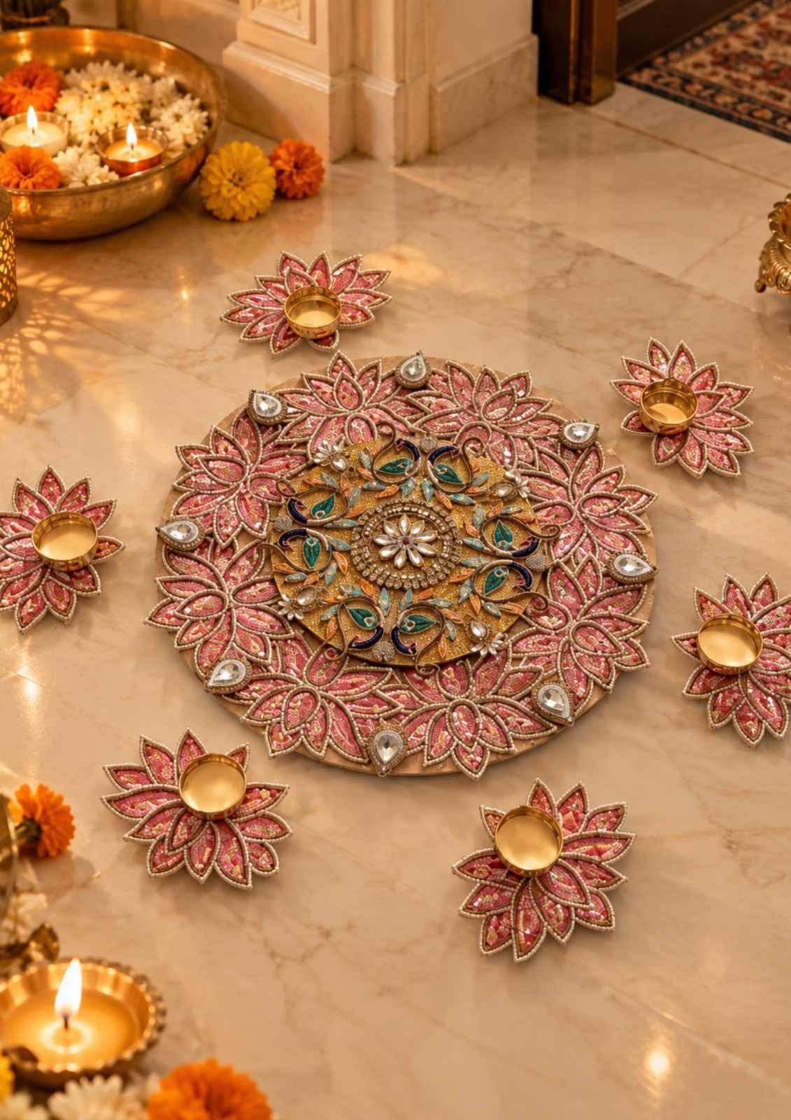 Decorative floral rangoli home decor with red, gold, and jewel-toned center and diyas