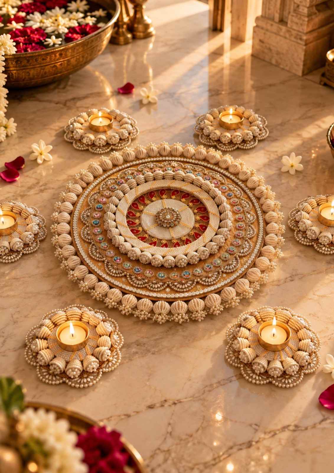 Round decorative rangoli with floral border and small oil lamps on beige surface