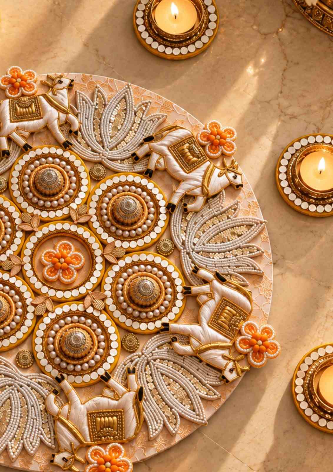 Close-up beige Diwali rangoli with paisley and floral designs and a few lit diyas