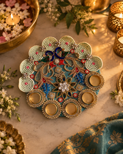 Peacock teal beaded candle holder tray with gold-toned round holders and motifs