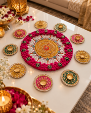 Embroidered rangoli decor set with one round centerpiece and five circular appliques