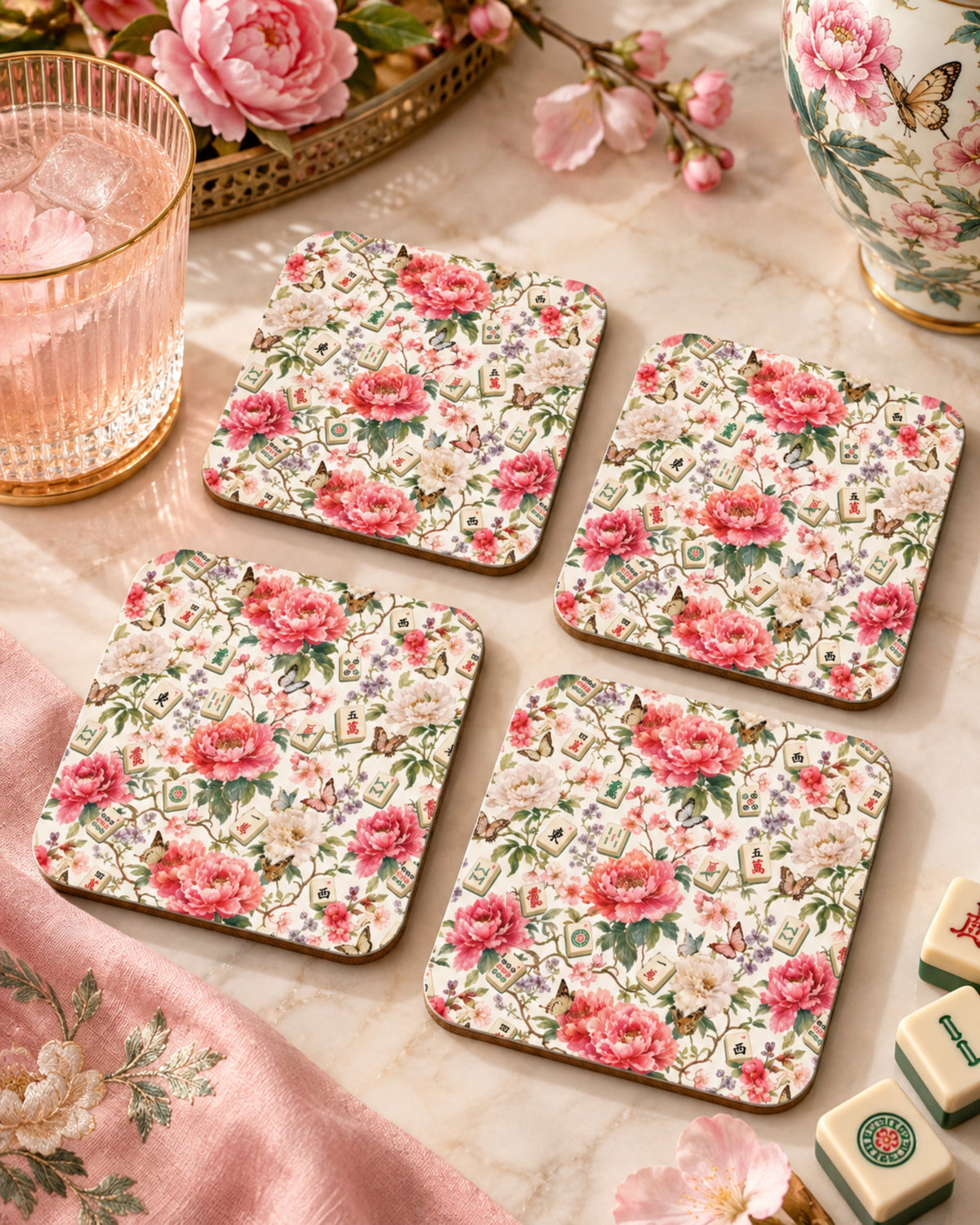Premsons® Bloom Mahjong Floral Wooden Coasters – Set of 4