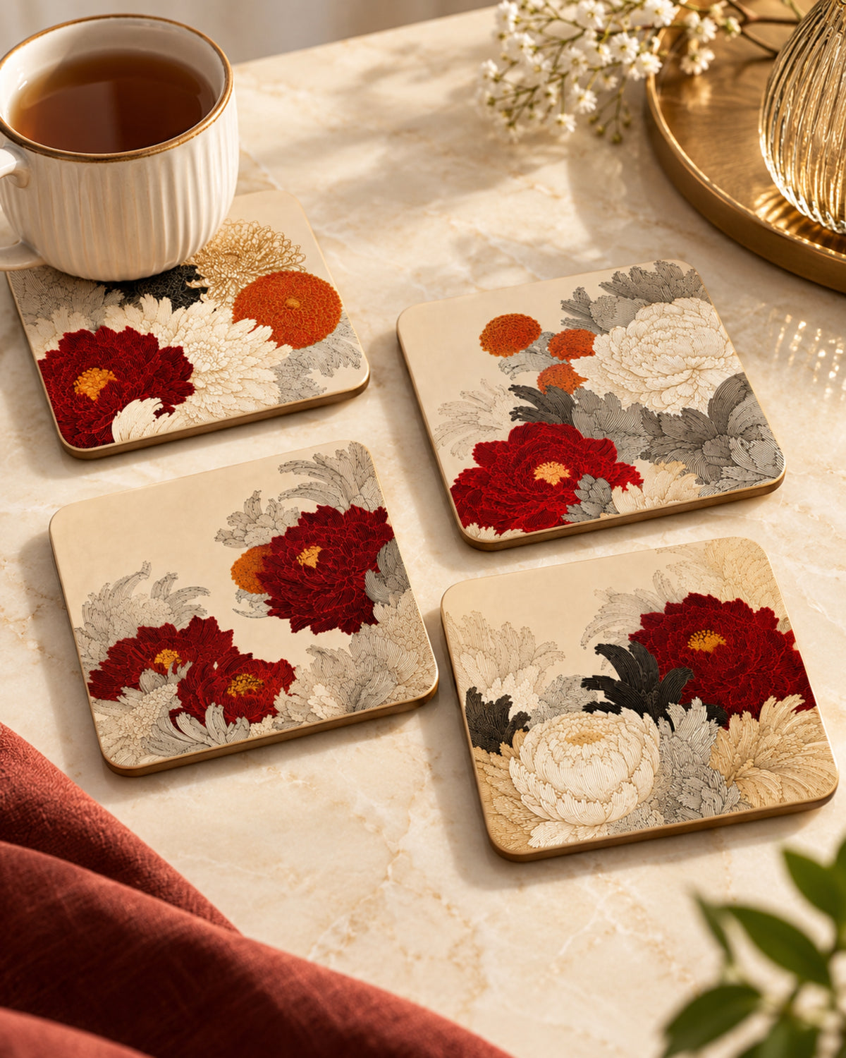 Premsons® Floral Mahjong Coasters Set of 4 – Decorative Square Coasters for Tea & Coffee Tables