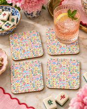 Set of 4 colorful mahjong design coasters, square tiles with patterned artwork