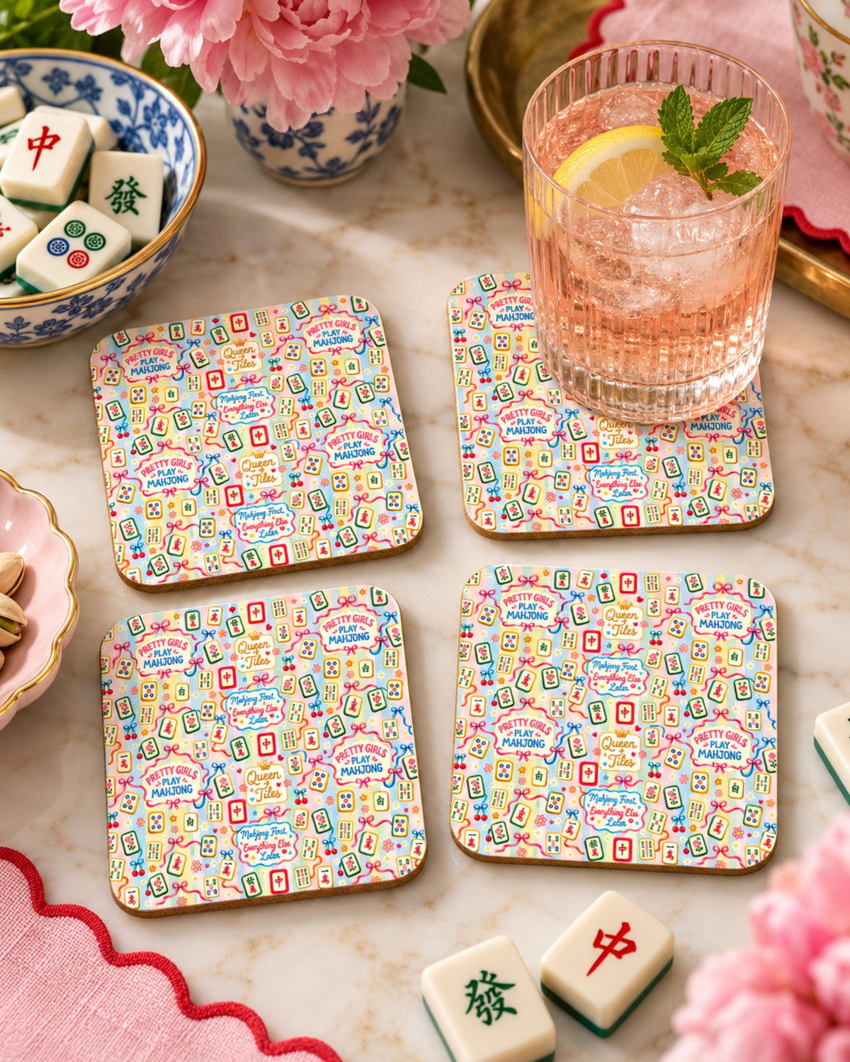 Set of 4 colorful mahjong design coasters, square tiles with patterned artwork