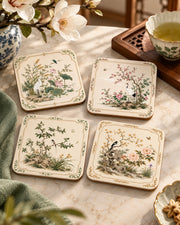 Set of four cream floral bird coasters with gold-trimmed square frames