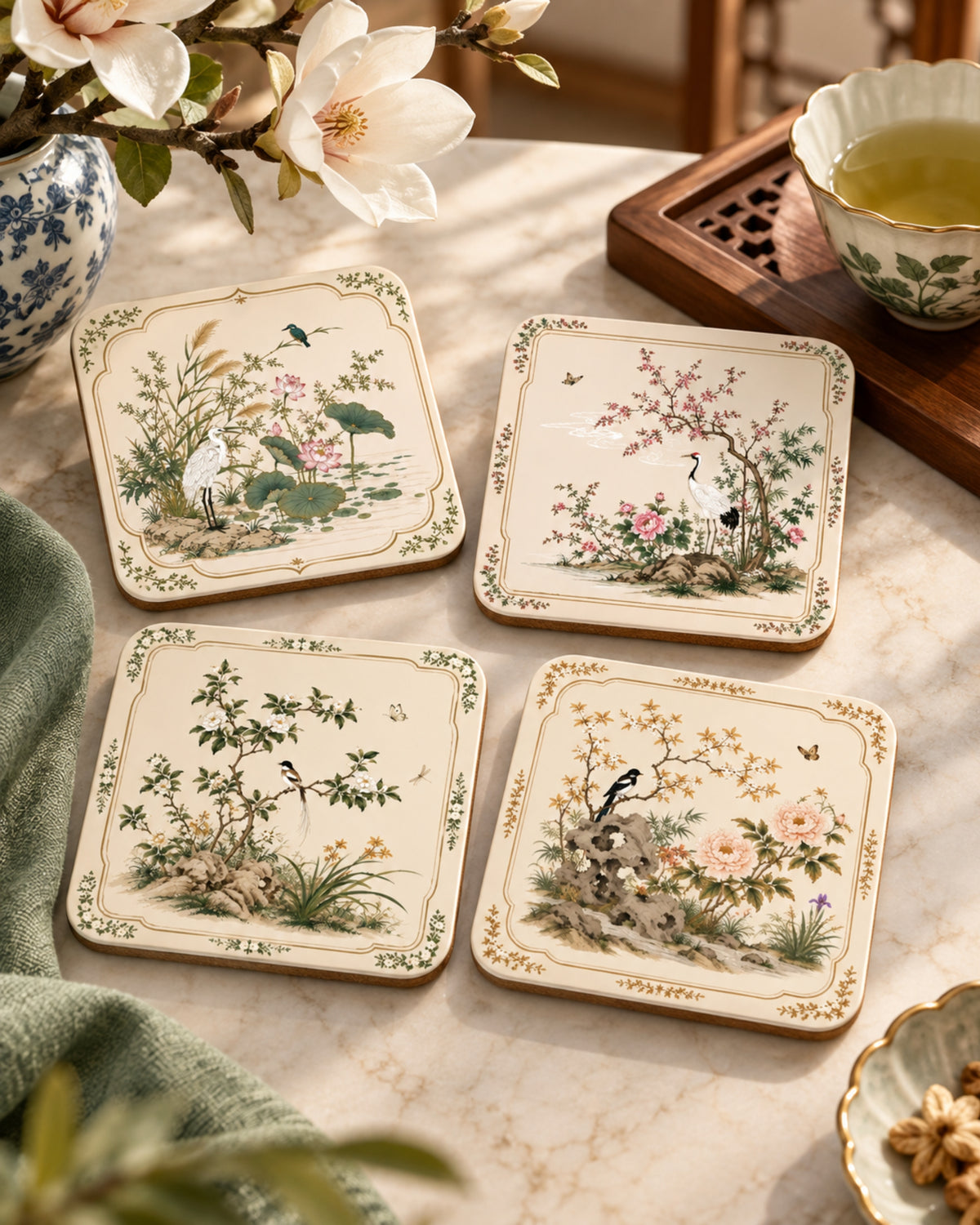 Set of four cream floral bird coasters with gold-trimmed square frames