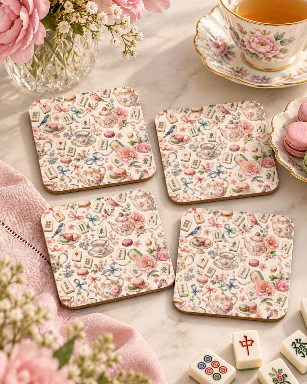 Square set of 4 tea floral coasters with mahjong-themed icons