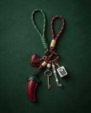 Mahjong keychain with heart charm, chili pepper, key and beads dangles