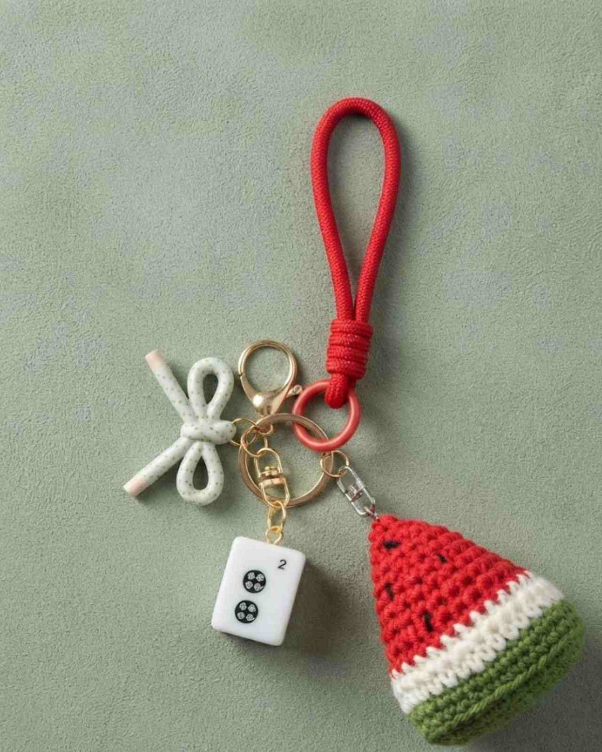 Watermelon mahjong keychain with crocheted red tassel, keyring and dice tile charm