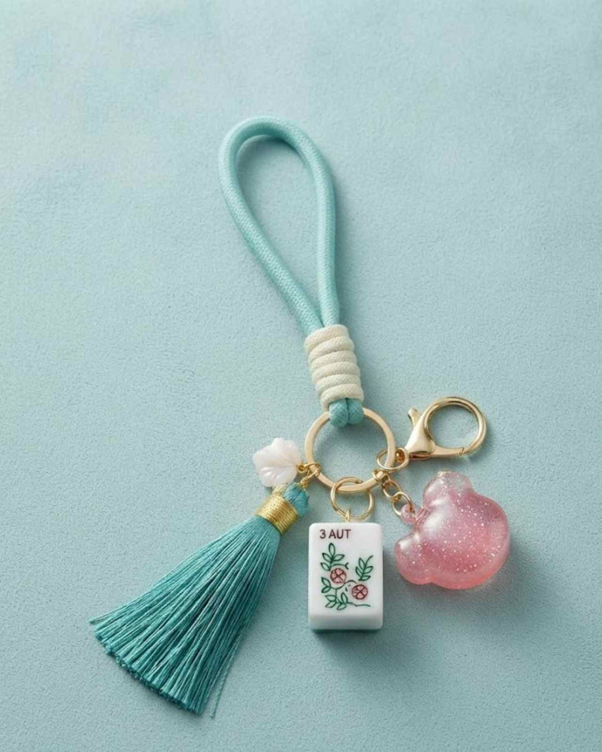 Premsons® mahjong keychain with turquoise tassel, tile charm, and metal key ring