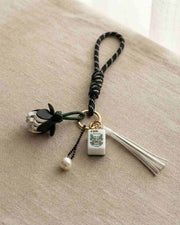 Premsons® mahjong keychain: black braided tassel, flower charm, pearl bead, keyring