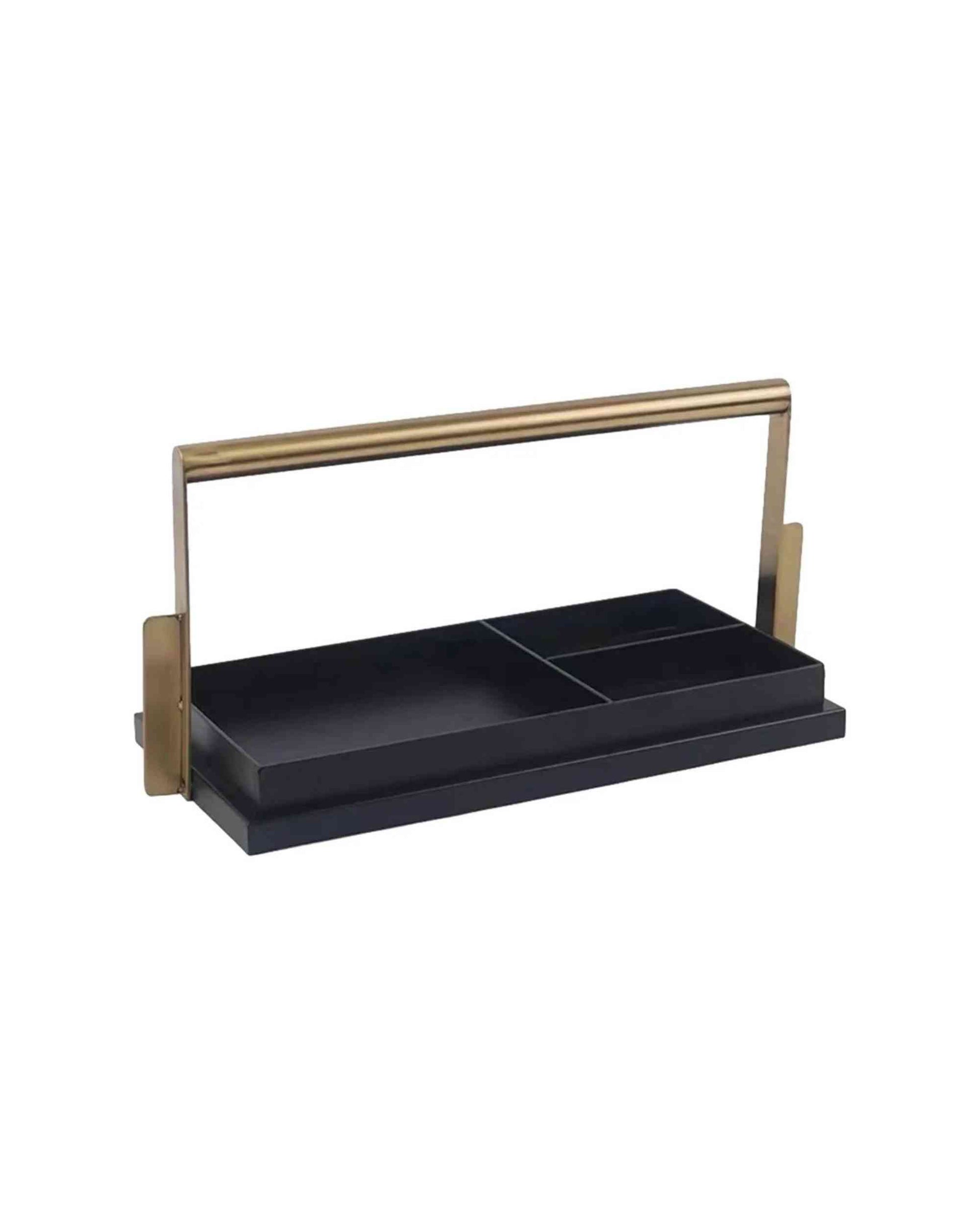 Black sectional desk tray with two compartments and gold-tone side frame