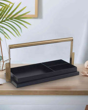 Black metal desk organizer tray with two sections and gold-tone frame