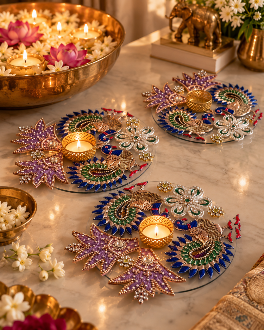 Premsons® peacock tealight holder with colorful jeweled feather motifs and a lit candle
