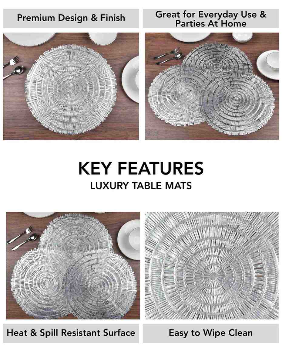 Premsons® Round Table Mat – Elegant Woven Metallic Placemat | Washable, Wipeable, Non-Slip & Heat-Resistant | Stylish Table Mat for Dining, Kitchen, Wedding & Party Décor – Silver