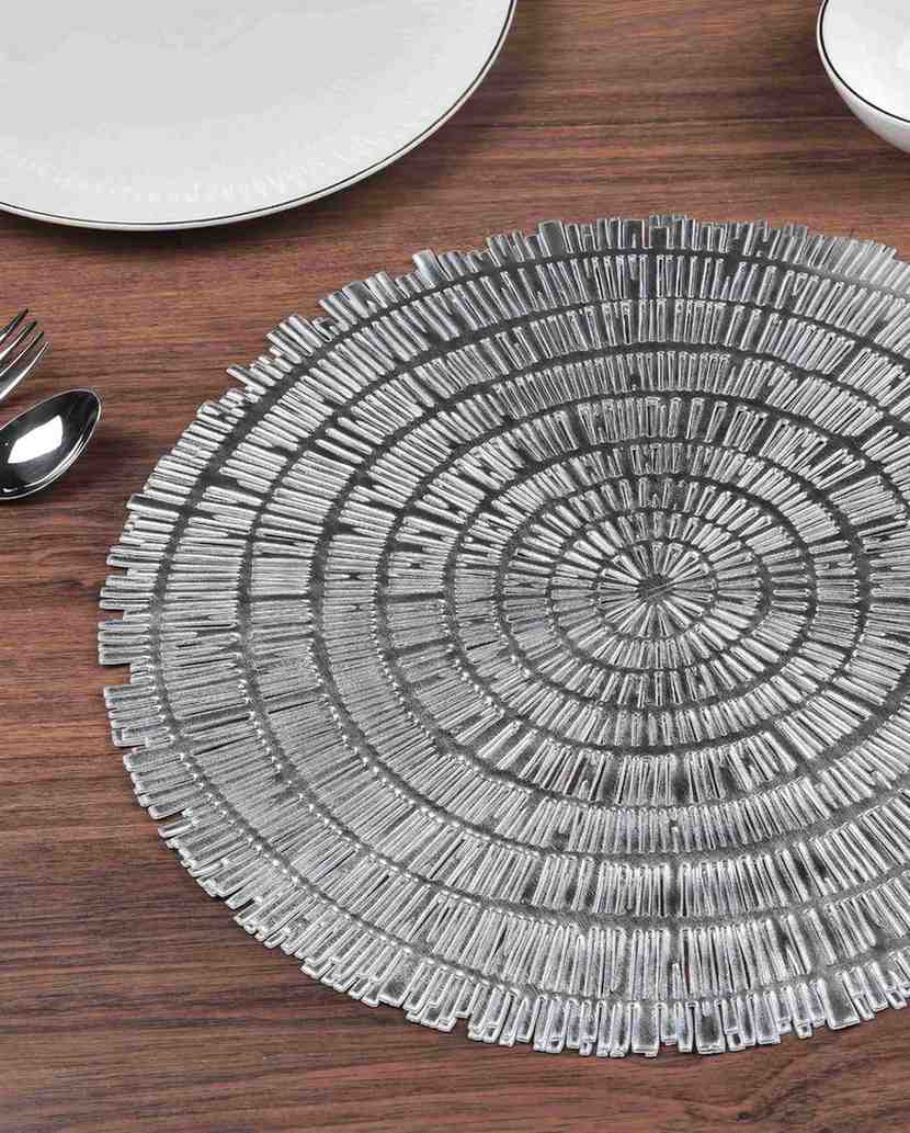 Premsons® Round Table Mat – Elegant Woven Metallic Placemat | Washable, Wipeable, Non-Slip & Heat-Resistant | Stylish Table Mat for Dining, Kitchen, Wedding & Party Décor – Silver