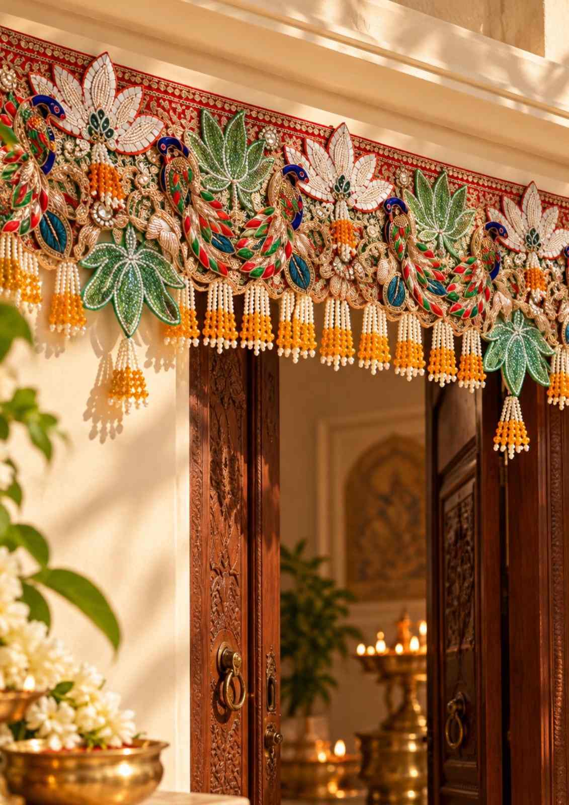 Hanging festive toran door decoration with floral embroidery and hanging bead tassels