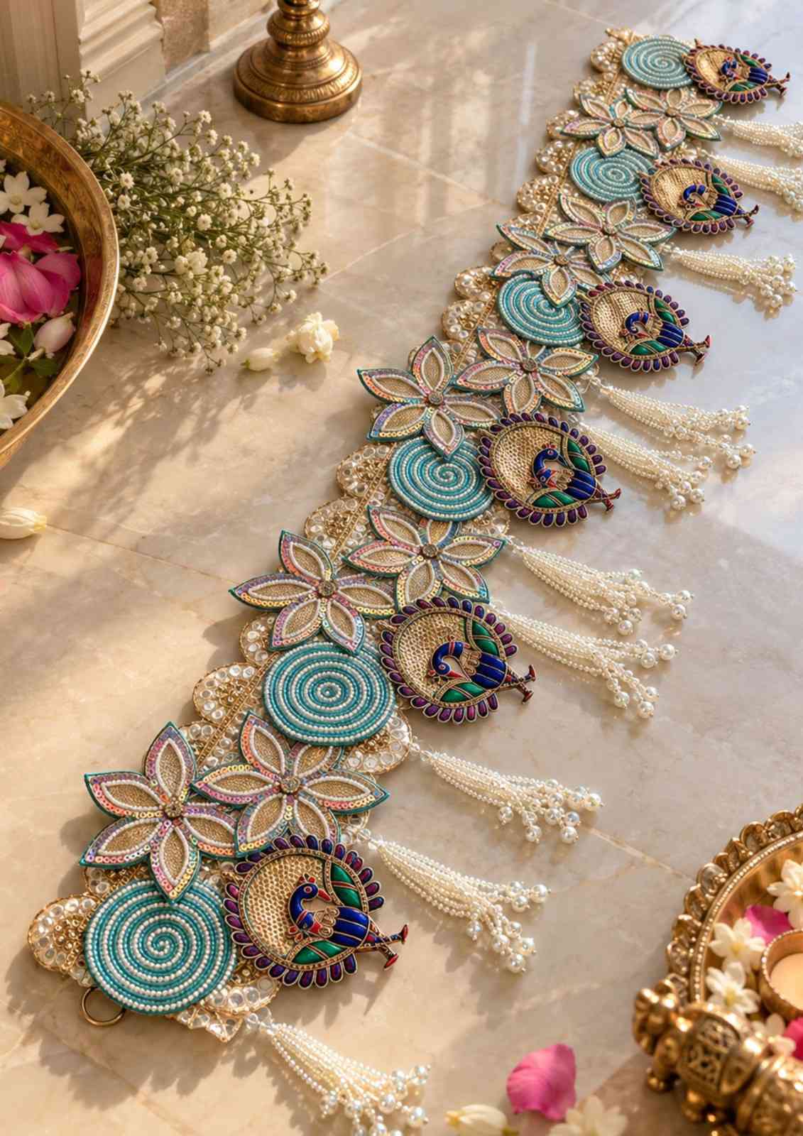 Peacock decorative toran banner with teal and gold motifs and pearl tassels for door decor