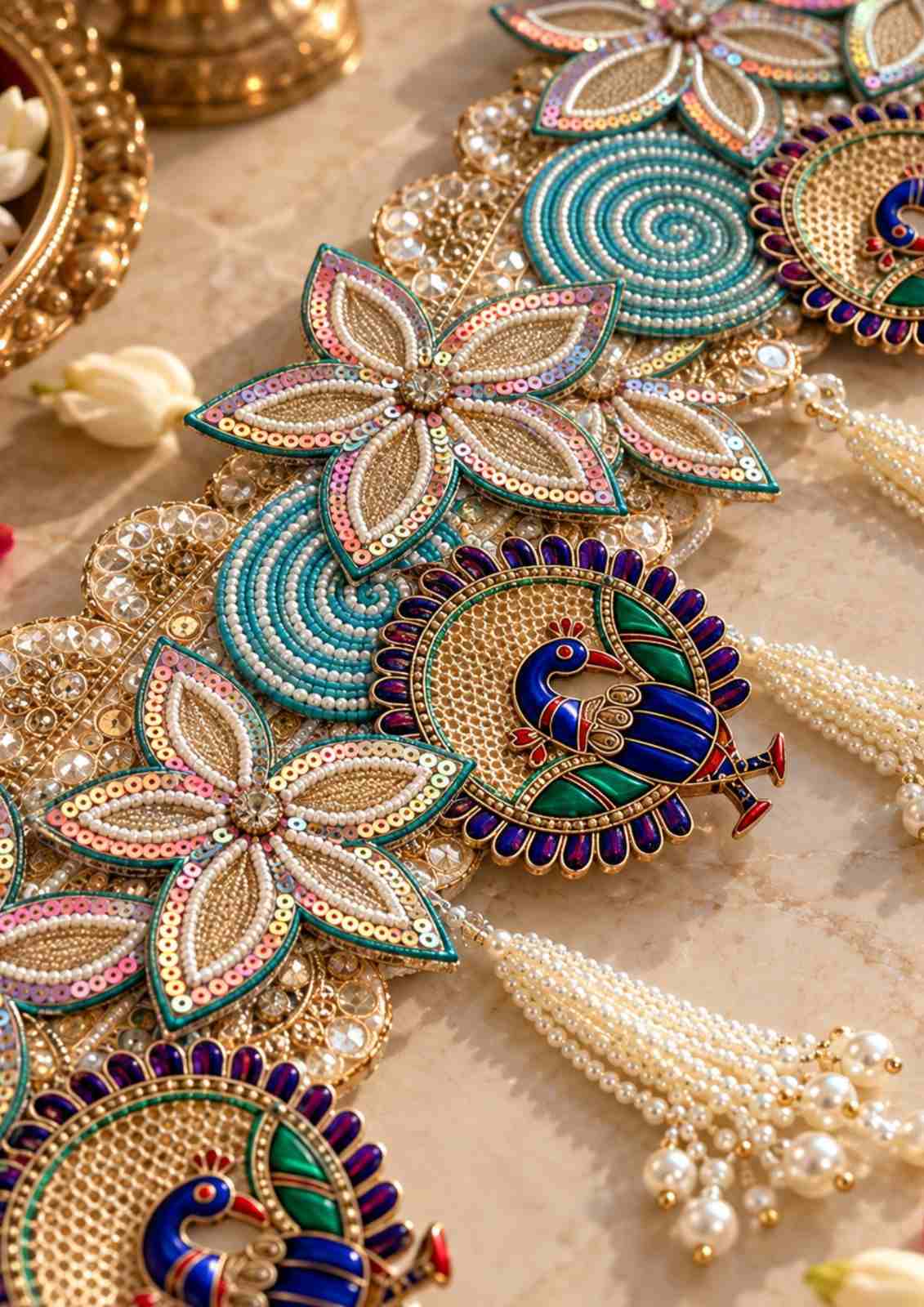 Peacock toran closeup with blue teal circular motifs, gold embellishment, and bead tassels