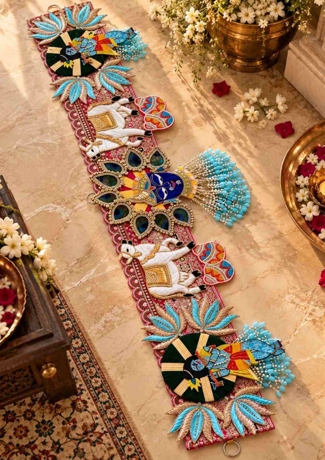Colorful beaded elephant toran door hanging with ribbon tassels and decorative trims