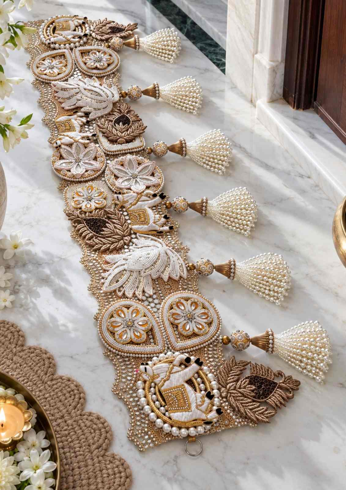 White and gold decorative bandarwal toran with hanging tassels and beadwork