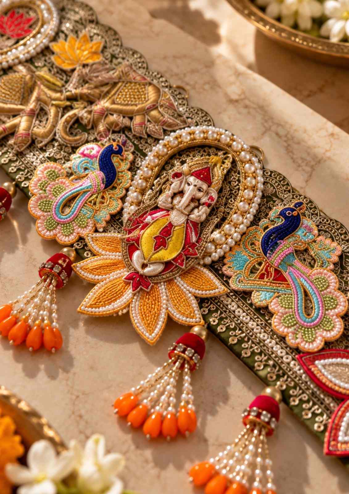 Ornate Ganeshji toran centerpiece with pearl trim, patterned panels, and orange tassels