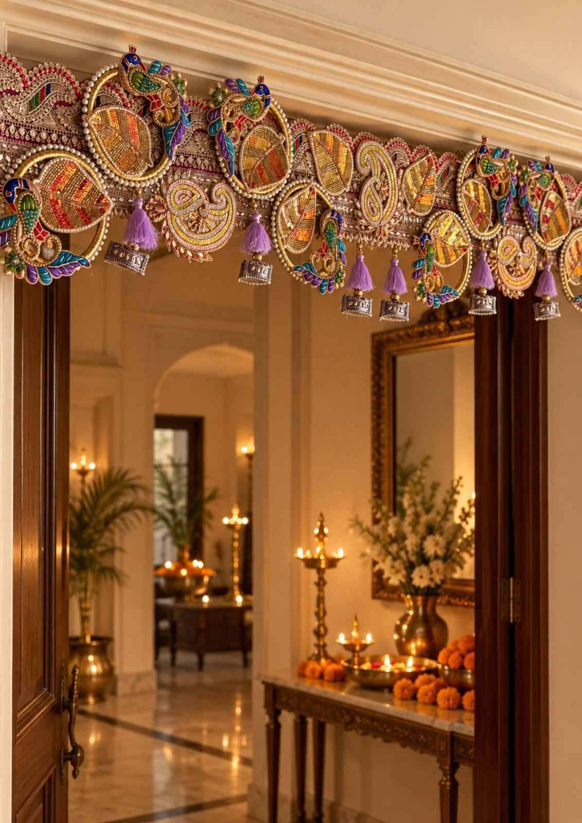 Colorful peacock motif festive door toran with circular medallions and purple tassels